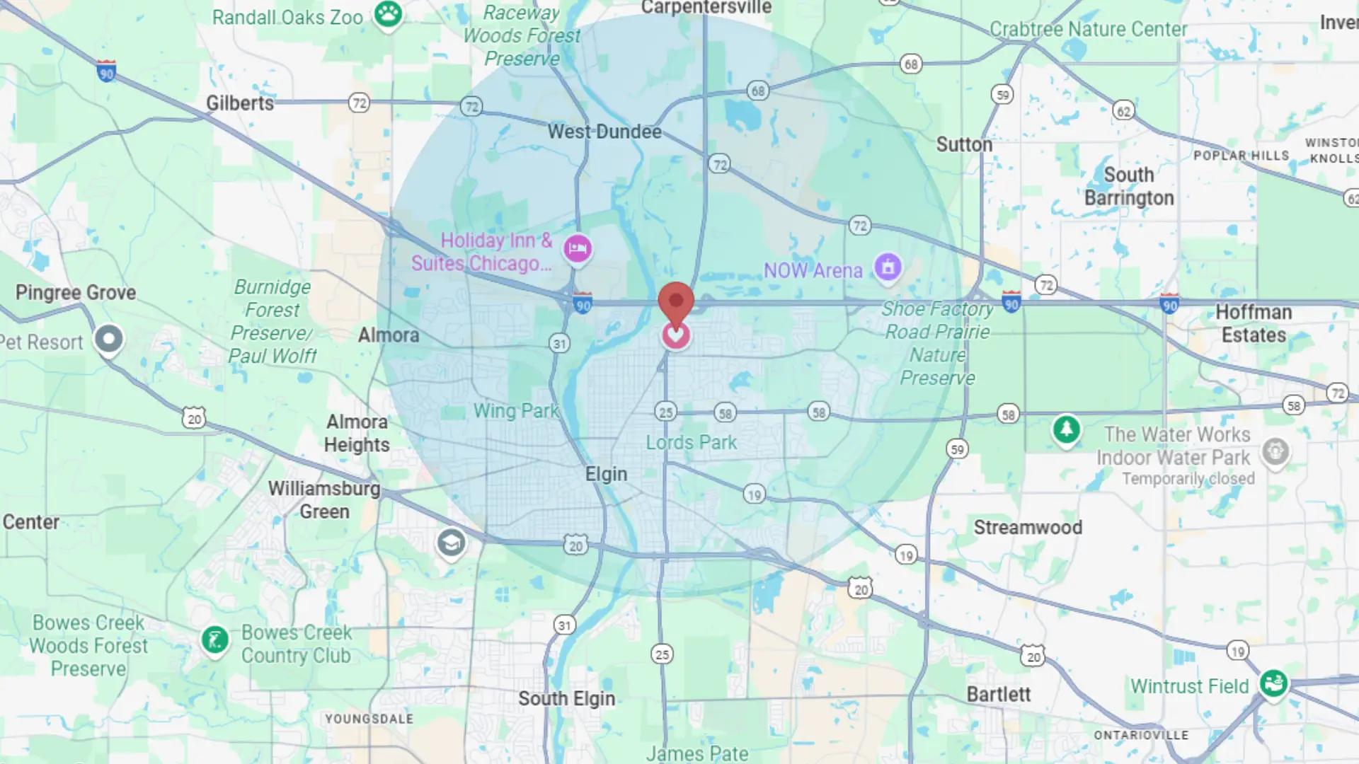 Map of Queens Auto Service service area in the greater Elgin area