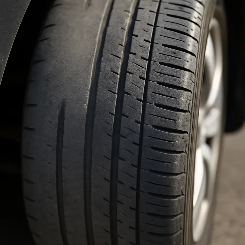 Close-up of uneven tire tread wear